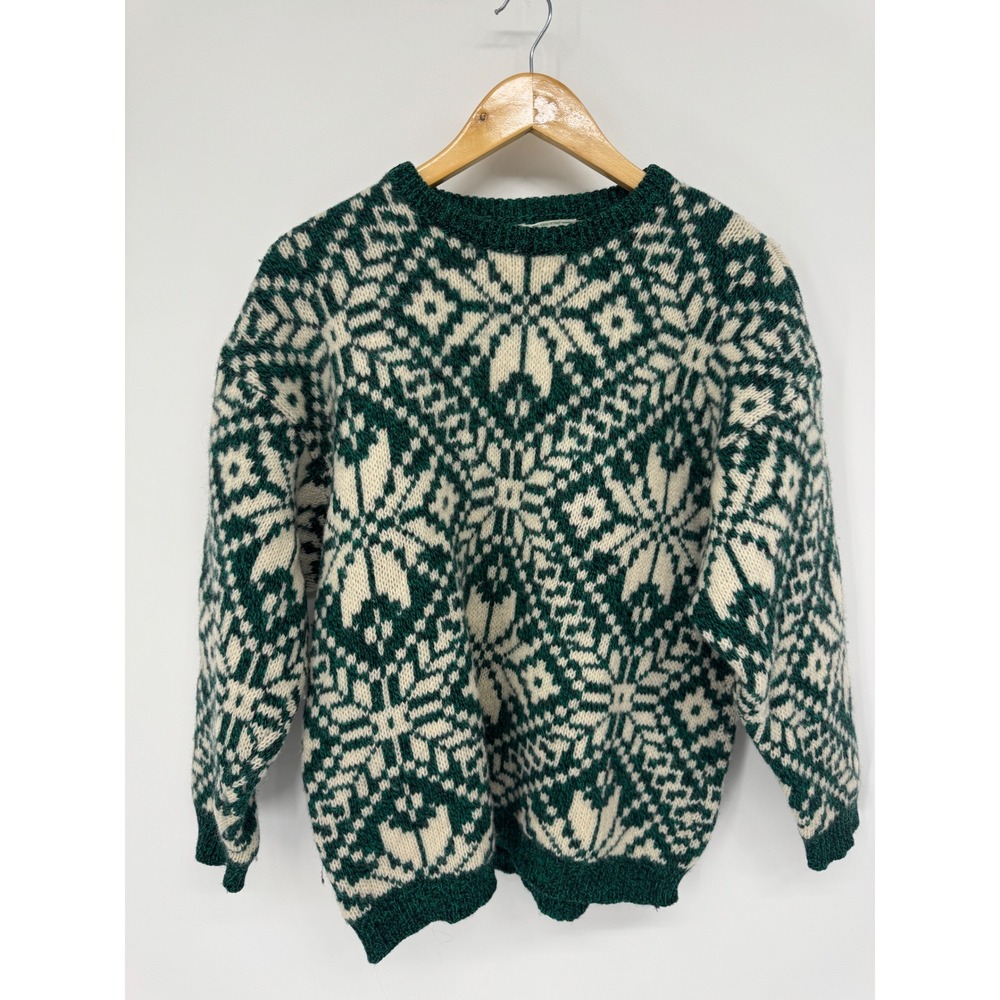 Benetton Fair Isle Sweater Women M Green Shetland Wool Italy Vintage Cabin Ski